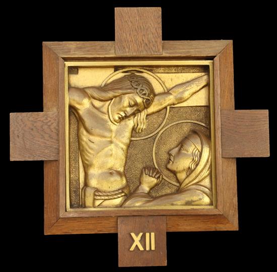 A set of thirteen Continental Art Deco ormolu plaques depicting scenes from the life of Christ, overall height 17in. width 17in.